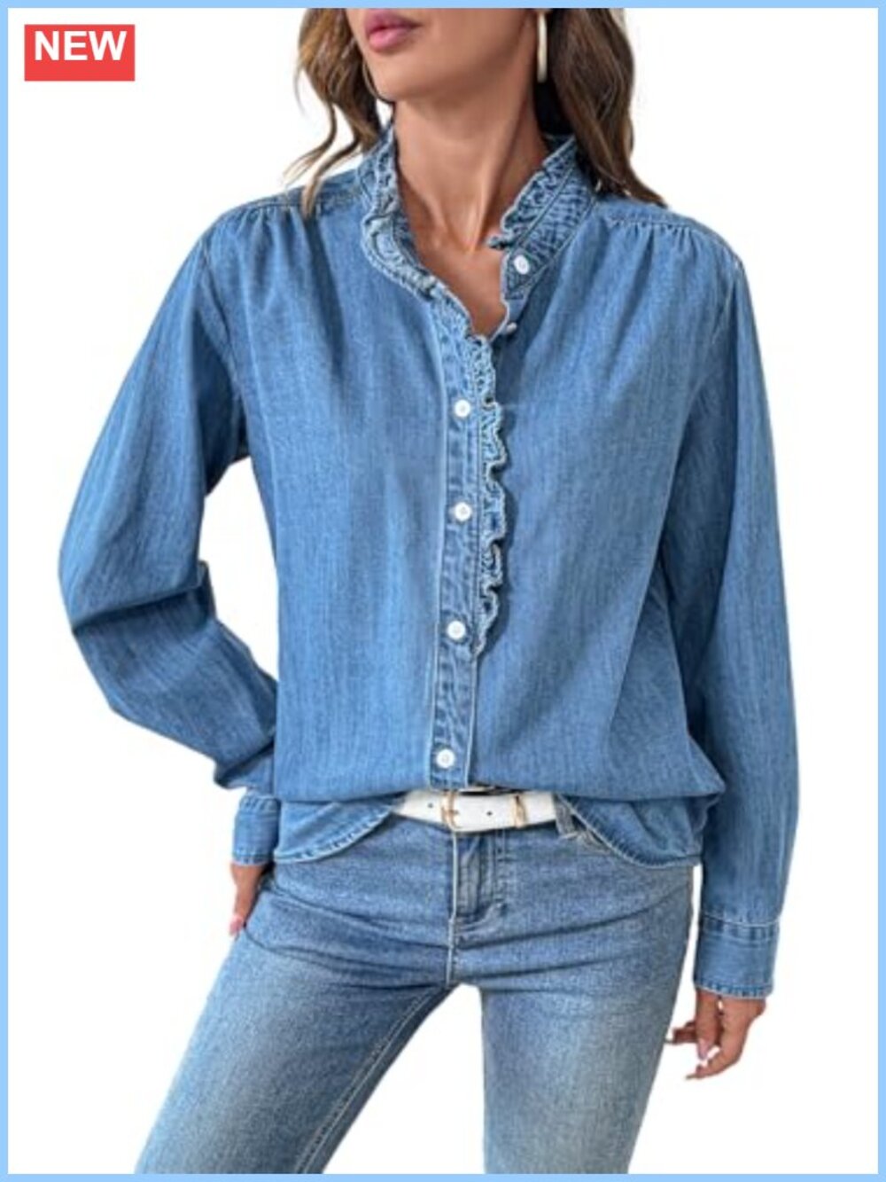 Women's Ruffled Button Denim Shirt Long Sleeve V Neck Chambray Top